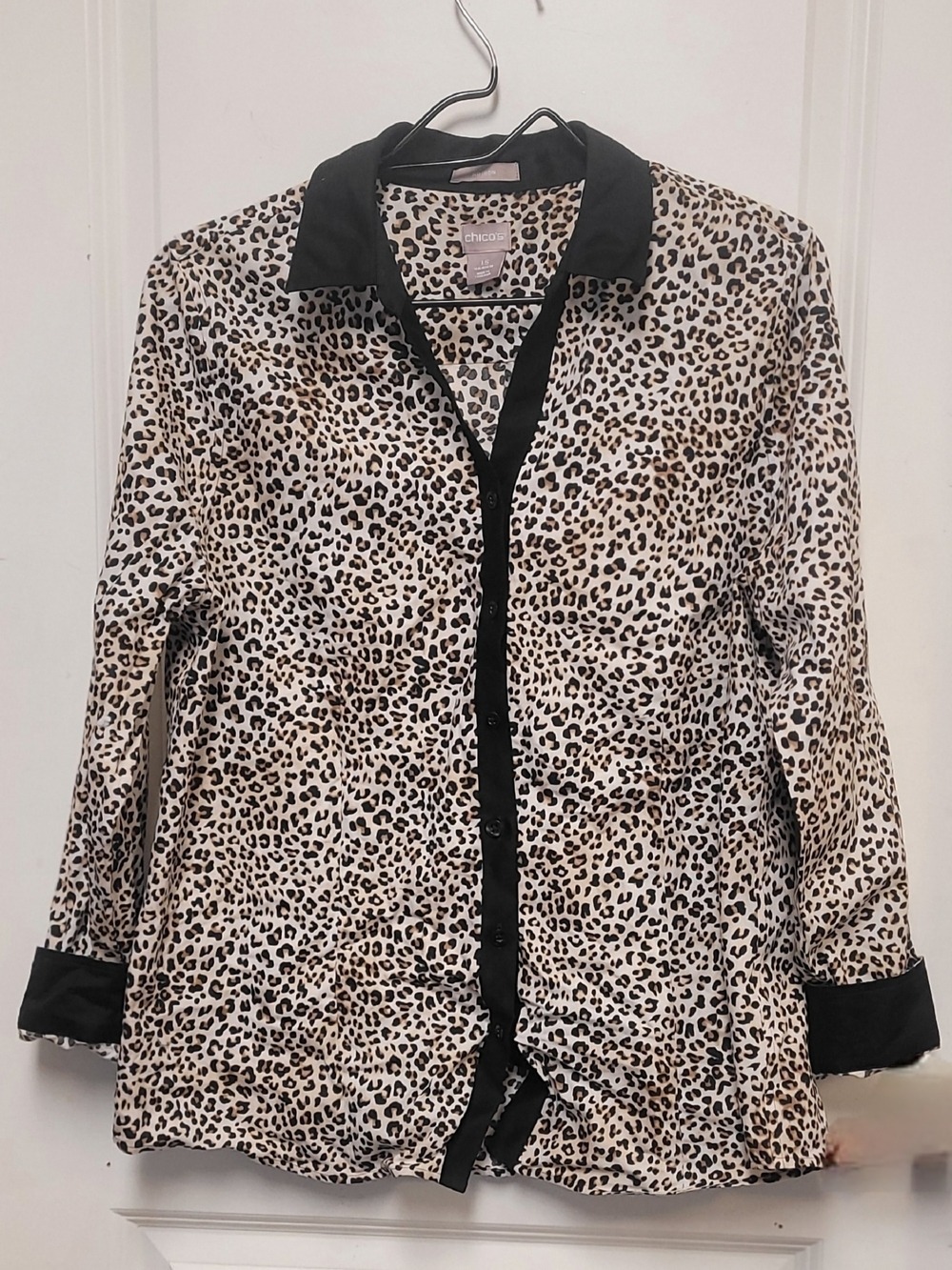 Chico's Leopard Print Button-Up with Black Trim